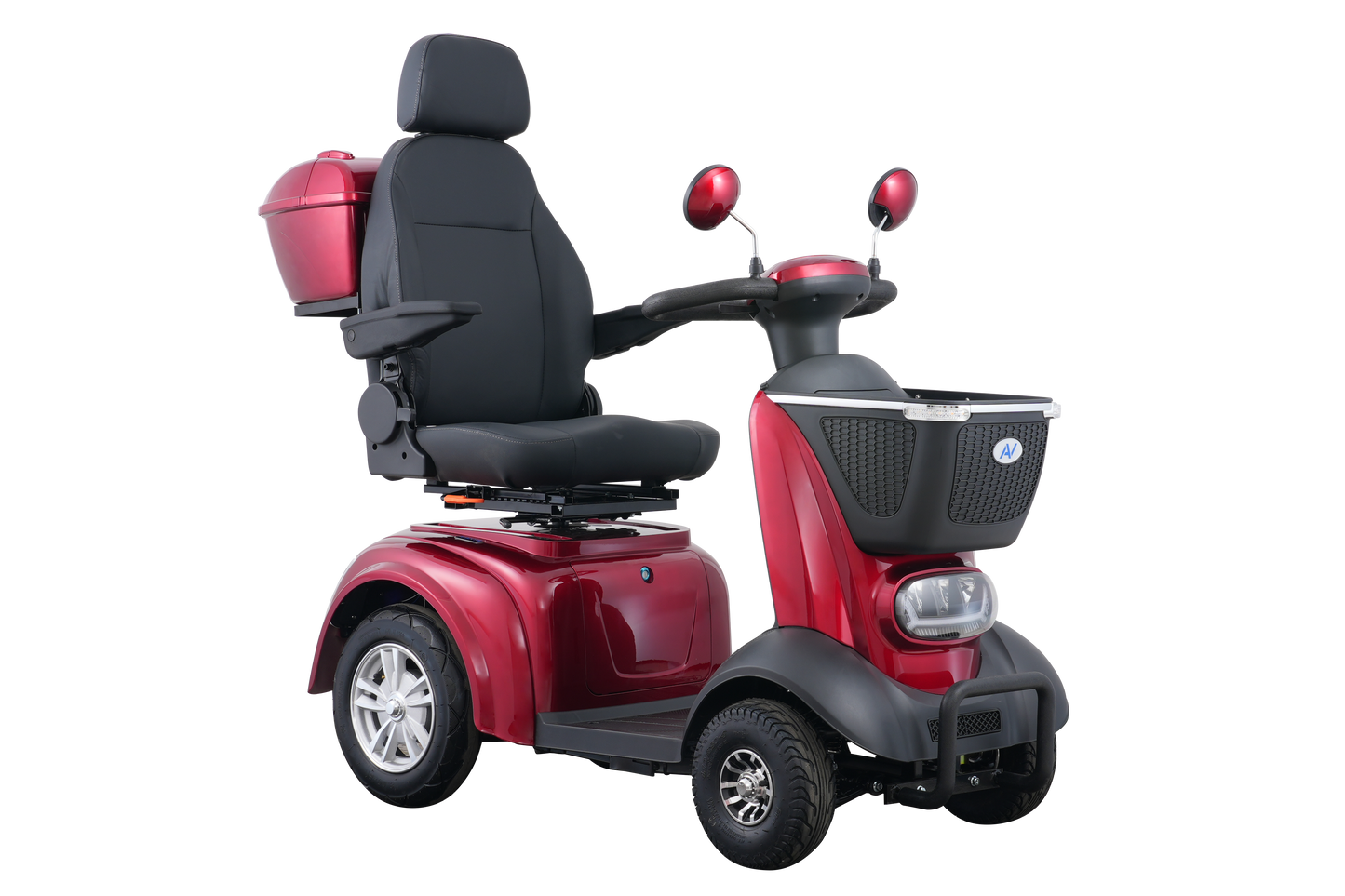 Side view of the Avantis Traveller mobility scooter showing high ground clearance and robust frame.