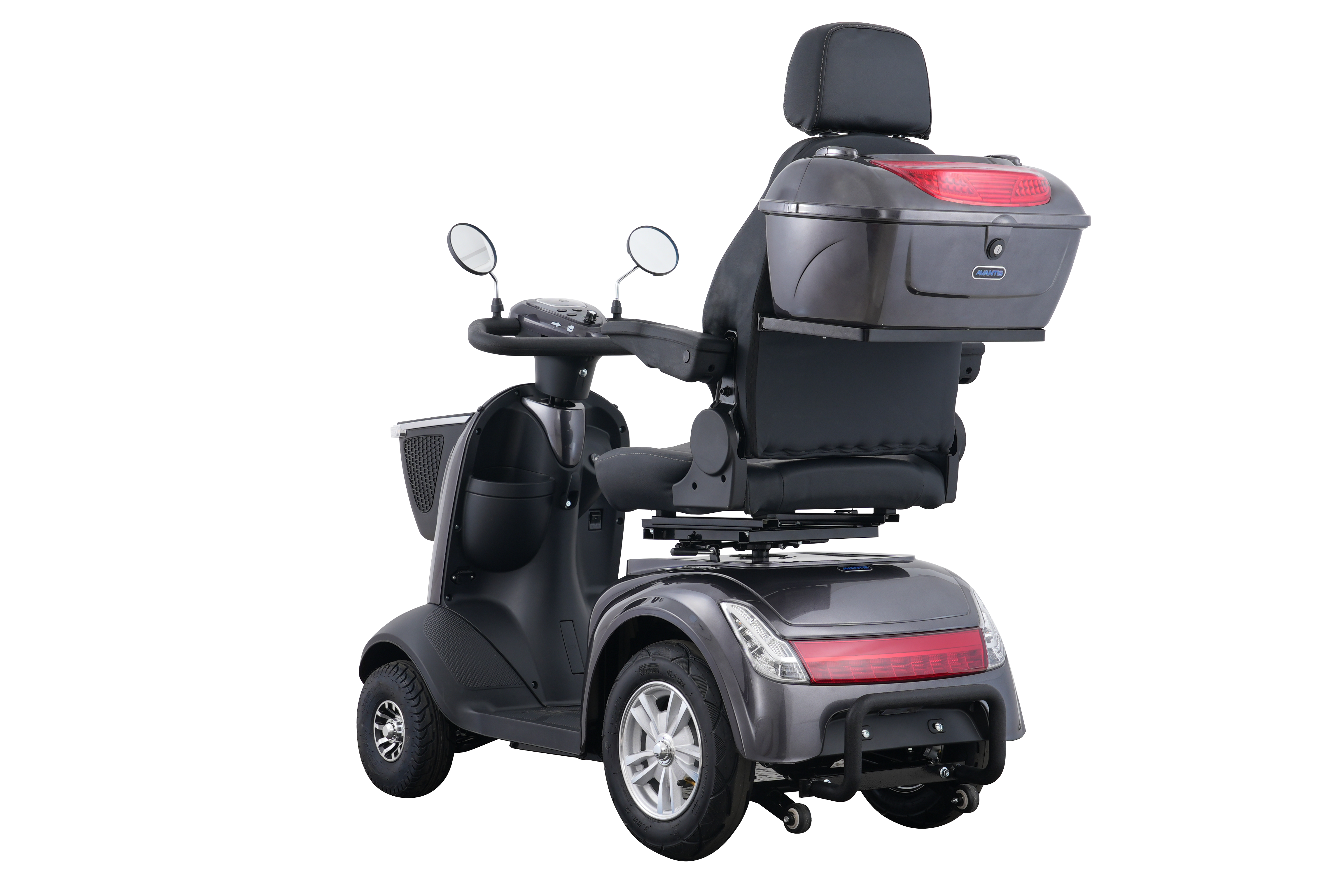 Rear view of the Avantis Traveller featuring a lockable storage box and bright red taillights.
