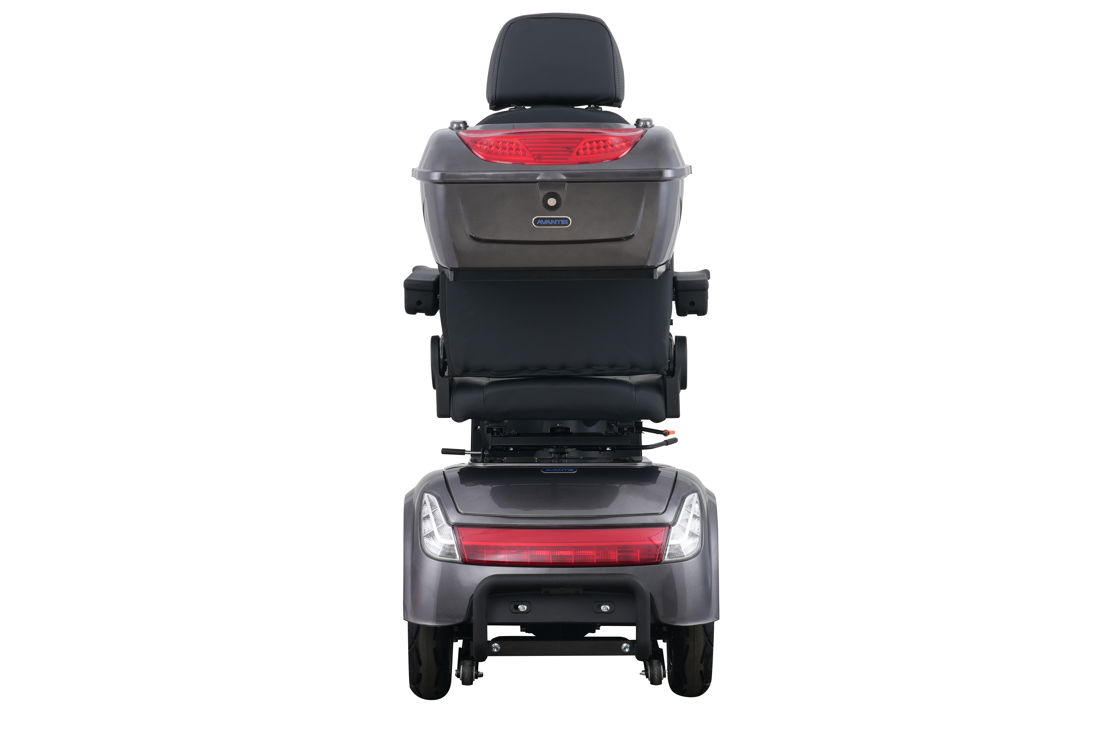 Rear view of the Avantis Traveller featuring a lockable storage box and bright red taillights.